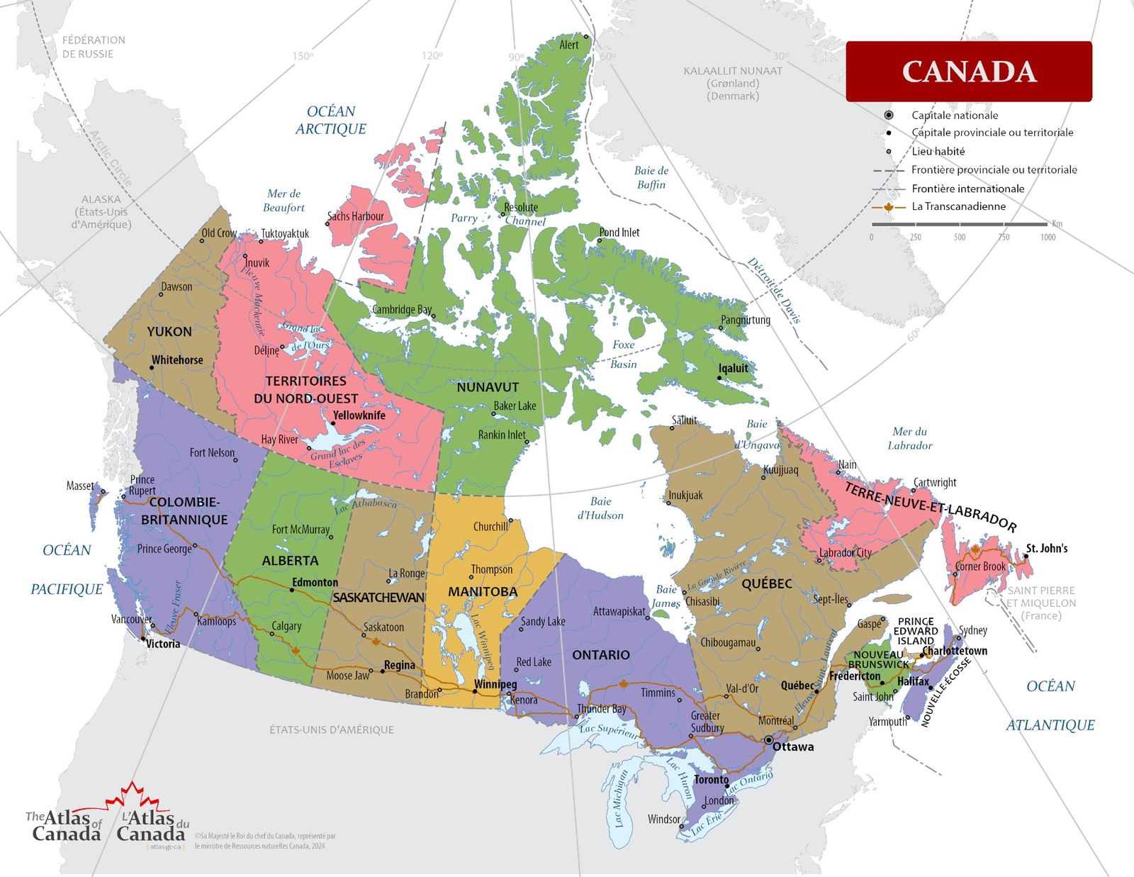 Carte du Canada montrant les dix provinces, les trois territoires et leurs capitales.